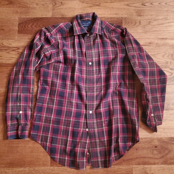 Plaid Button Down Shirt Mens Medium Towncraft Burgundy Red - Picture 2 of 5